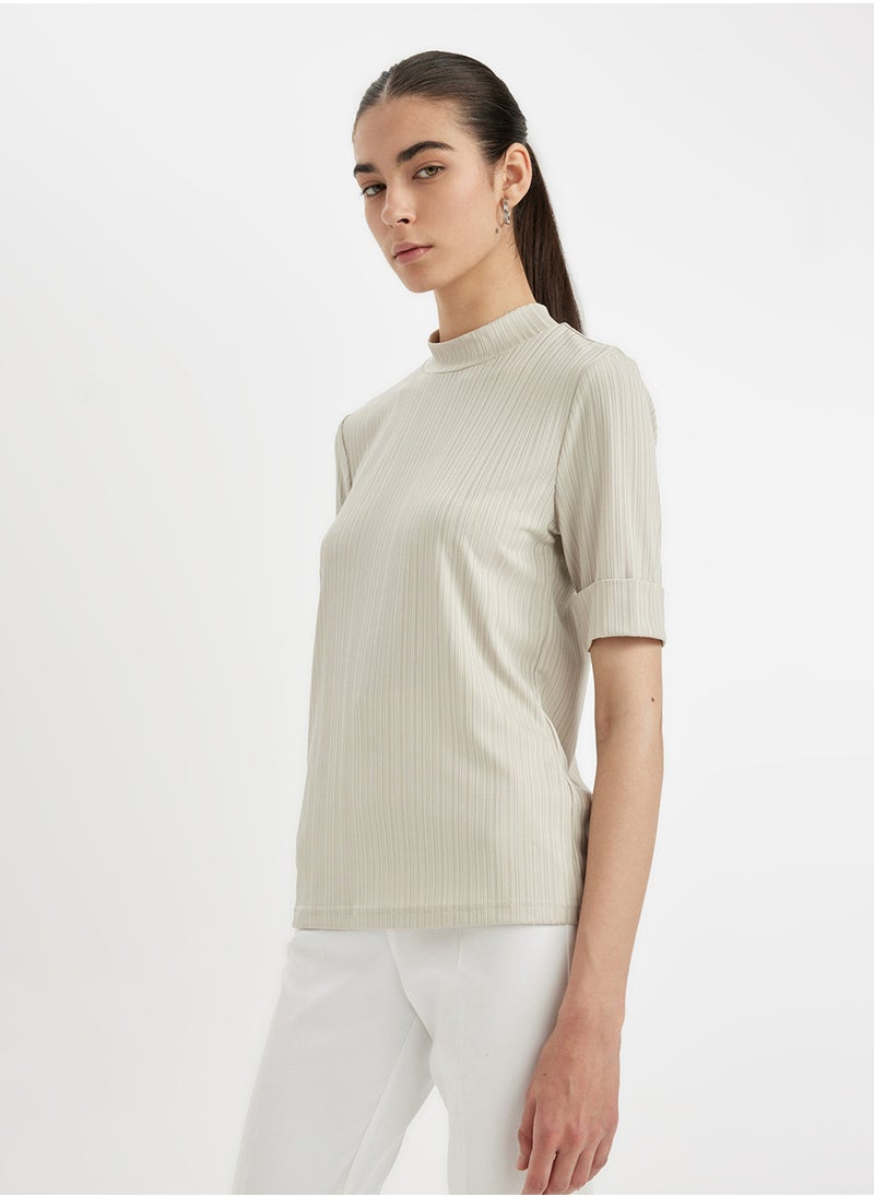 DeFacto Regular Fit Half Turtleneck Ribbed Short Sleeve Basic T-Shirt  - Image 2