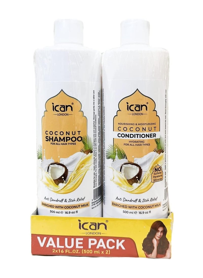 iCan London ican London Coconut Enriched Anti Dandruff, Itch Relief Shampoo & Conditioner DUO PACK 500ml X 2 