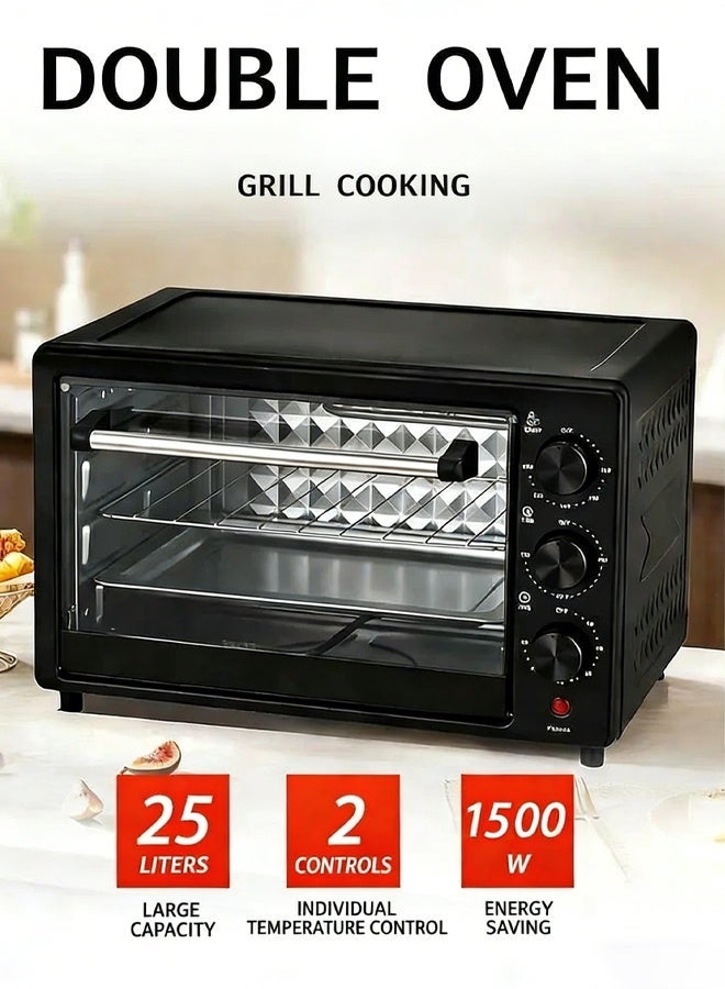 الحلم فرن كهربائي سعة 25 لتر بخاصية الحمل الحراري والشواية | مؤقت 60 دقيقة، تحكم بالحرارة من 100-250 درجة مئوية | قدرة 1500 واط، تصميم مدمج للطاولة مع باب زجاجي مزدوج ومقبس UK وملحقات كاملة - Image 1