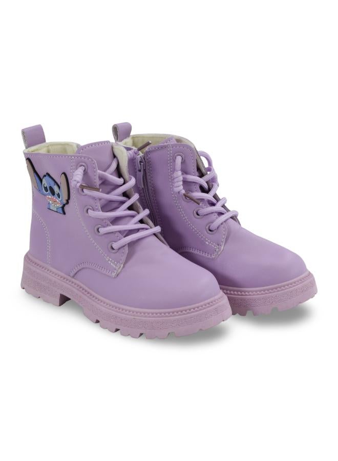 Girls Leather Half Boots – Purple with Stitch Design - Image 1