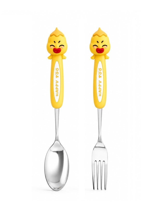 MaruHub Cute Kids Spoon Fork Set, 304 Stainless Steel Toddler Utensils with Silicone Cartoon Handle, BPA Free Baby Feeding Spoon and Fork for Boys Girls (Model 2) - Image 1