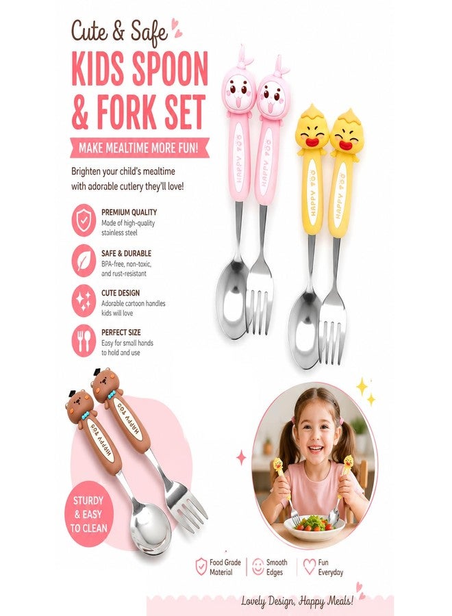 MaruHub Cute Kids Spoon Fork Set, 304 Stainless Steel Toddler Utensils with Silicone Cartoon Handle, BPA Free Baby Feeding Spoon and Fork for Boys Girls (Model 2) - Image 2