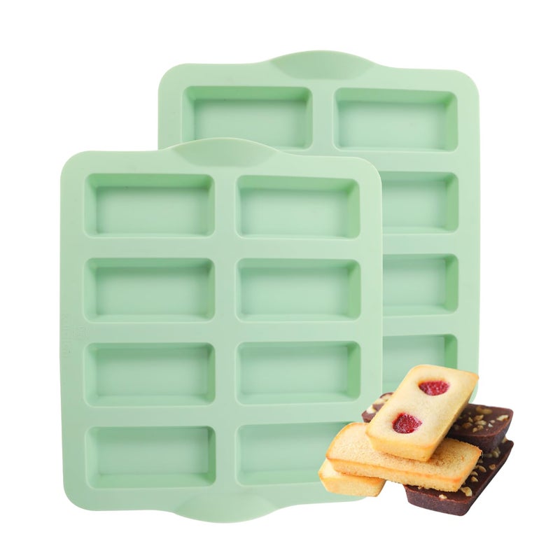 QELEG Silicone Financier Mold 2 Pack Non Stick Mini Chocolate Bar Mold Rectangle Baking Pan for Biscuits Cookies Brownie Granola Cheesecake Mint Green 2Pcs8Cavity