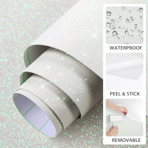 ReWallpaper 24in x 165ft Textured White Glitter Peel and Stick Wallpaper Self Adhesive Shiny Glitter Wallpaper Holographic OffWhite Contact Paper Waterproof Sparkly Wall Decor Bathroom Living Room - Image 3