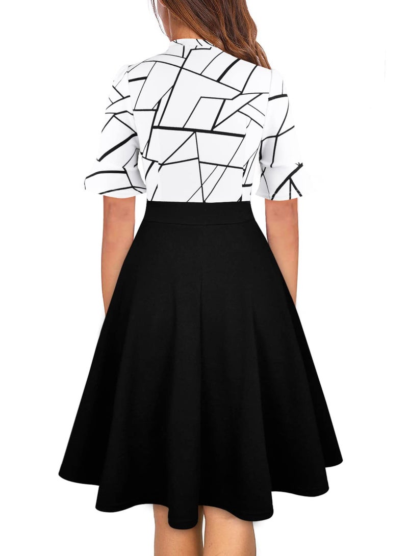 RANPHEE Business Casual Dress for Women Black and White Vintage Fit and Flare Knee Length Flattering Sunday Church Elegant Work Dresses XL - Image 2