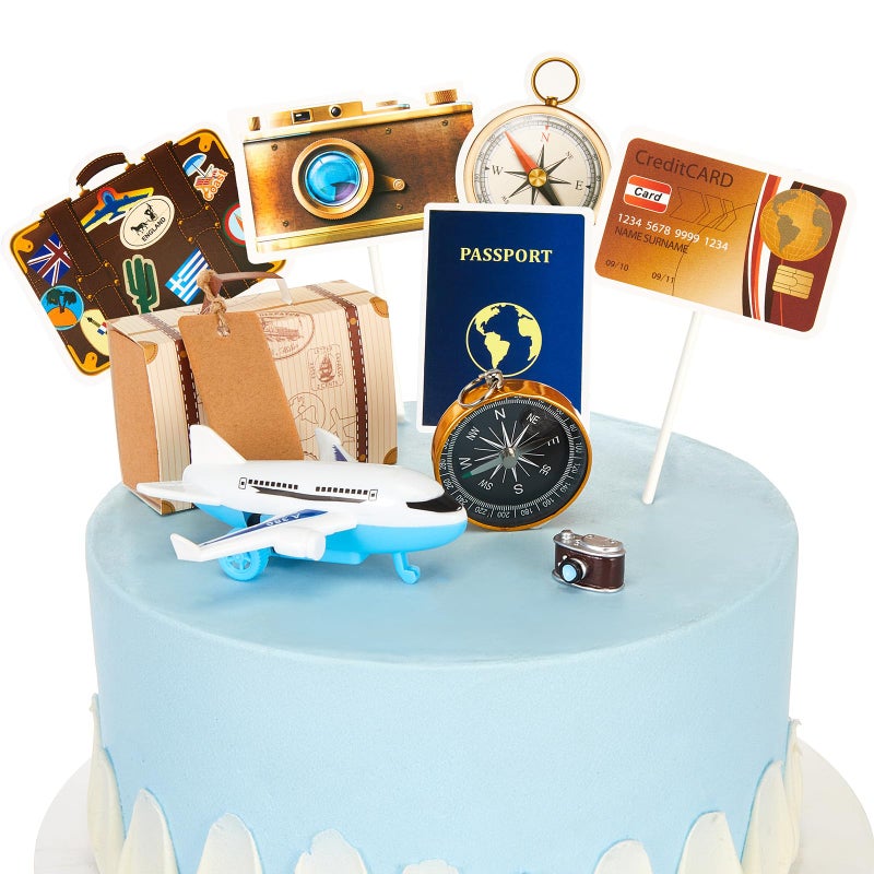Dunzy 24 Pcs Travel Cake Topper Decorations Let The Travel Around The World Theme Cupcake Toppers Mini Suitcase Airplane Cameras Miniature Compass for Journey Birthday Decorations - Image 1
