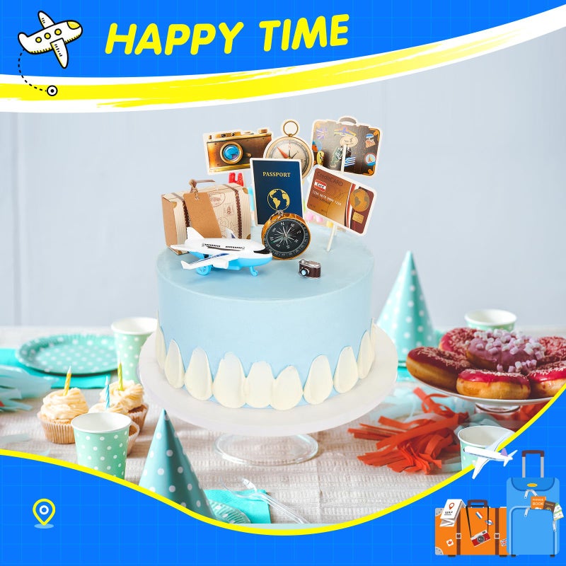 Dunzy 24 Pcs Travel Cake Topper Decorations Let The Travel Around The World Theme Cupcake Toppers Mini Suitcase Airplane Cameras Miniature Compass for Journey Birthday Decorations - Image 3