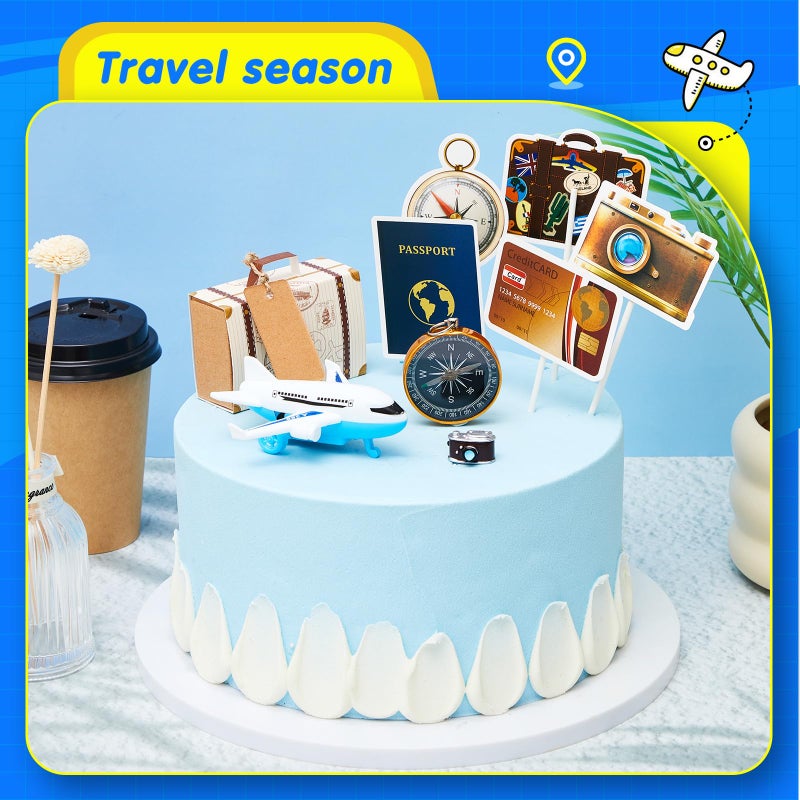 Dunzy 24 Pcs Travel Cake Topper Decorations Let The Travel Around The World Theme Cupcake Toppers Mini Suitcase Airplane Cameras Miniature Compass for Journey Birthday Decorations - Image 5