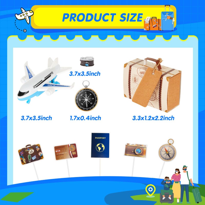 Dunzy 24 Pcs Travel Cake Topper Decorations Let The Travel Around The World Theme Cupcake Toppers Mini Suitcase Airplane Cameras Miniature Compass for Journey Birthday Decorations - Image 2