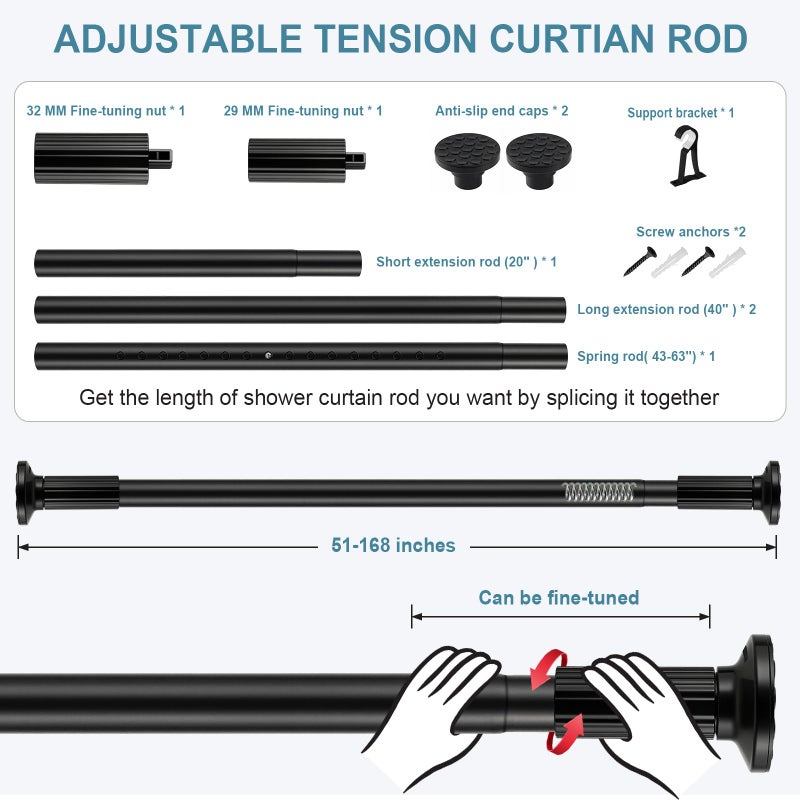 ZOCONE Tension Curtain Rod 51-168 In (4.25-14 Ft), Extra Long Outdoor Curtain Rod No Drilling for Patio Window, Adjustable Shower Curtain Rod for Bathroom, Tension Rod Diameter 1.26In Never Rust,Black - Image 4