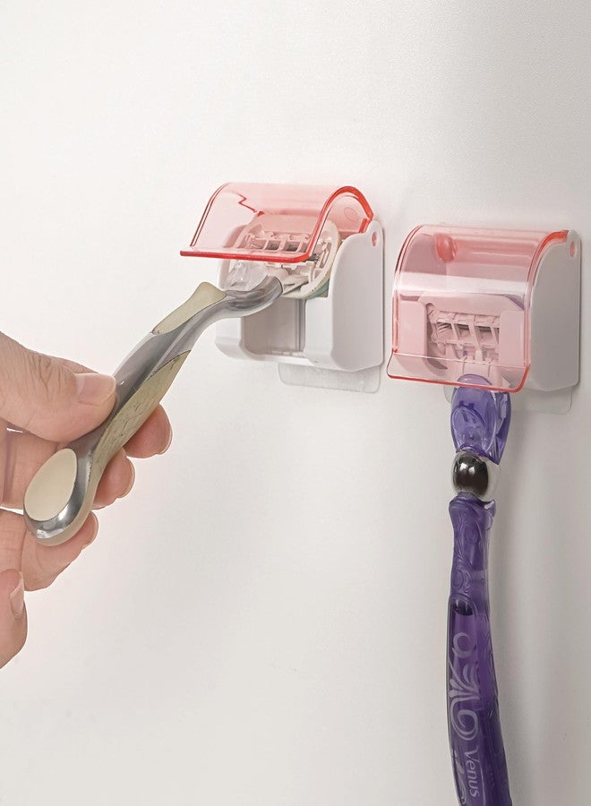 LUEXBOX 2 Pack Razor Holder with Cover for Shower Wall, Self Adhesive Razor Stand Shaver Organizer, Plastic Razor Hanger Hooks Compatible with Gillette Venus, Flamingo, BIC, Billie (Clear Pink - Image 5