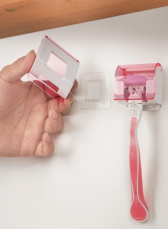 LUEXBOX 2 Pack Razor Holder with Cover for Shower Wall, Self Adhesive Razor Stand Shaver Organizer, Plastic Razor Hanger Hooks Compatible with Gillette Venus, Flamingo, BIC, Billie (Clear Pink - Image 4