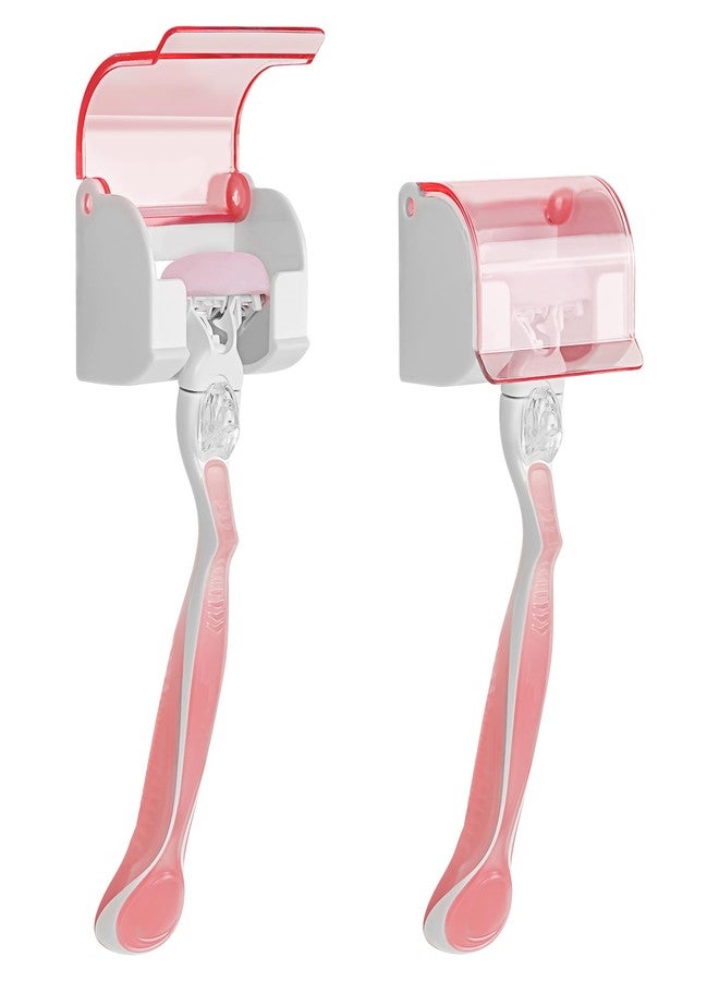 LUEXBOX 2 Pack Razor Holder with Cover for Shower Wall, Self Adhesive Razor Stand Shaver Organizer, Plastic Razor Hanger Hooks Compatible with Gillette Venus, Flamingo, BIC, Billie (Clear Pink - Image 1