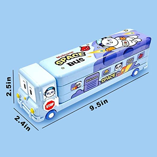 Fiddlys Stylish School Bus Geometry Box with Wheel for Kids 3+ Years (Blue) - Image 2