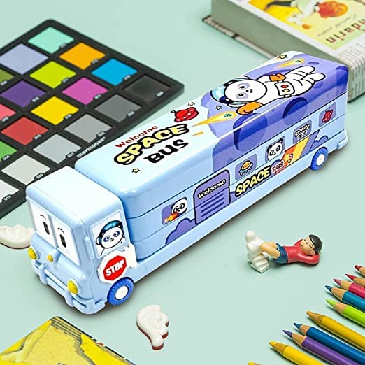Fiddlys Stylish School Bus Geometry Box with Wheel for Kids 3+ Years (Blue) - Image 4