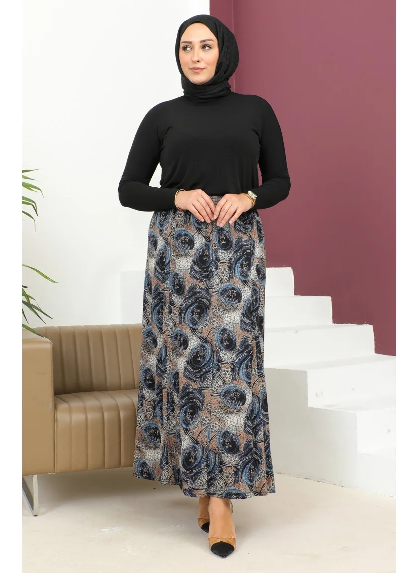 سيفا ميرفي Plus Size Elastic Waist Patterned Skirt 2830-02 Blue