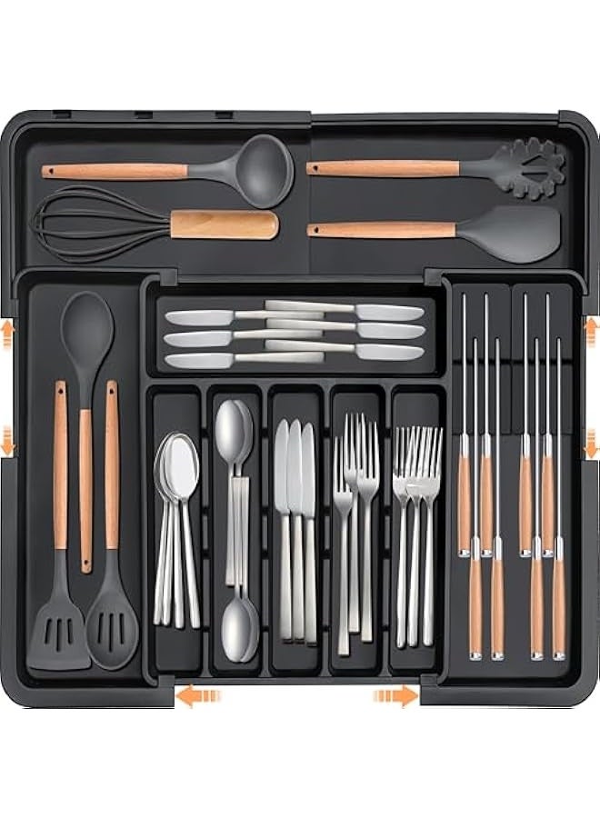 NIBEMINENT Silverware Organizer - Expandable Large Kitchen Drawer Organizer Utensil Organizer with 2 Removable Knife Blocks, 22"x 19"Cutlery Tray Drawer Dividers for Kitchen Flatware(6-9 Slots) (Black)  - Image 1