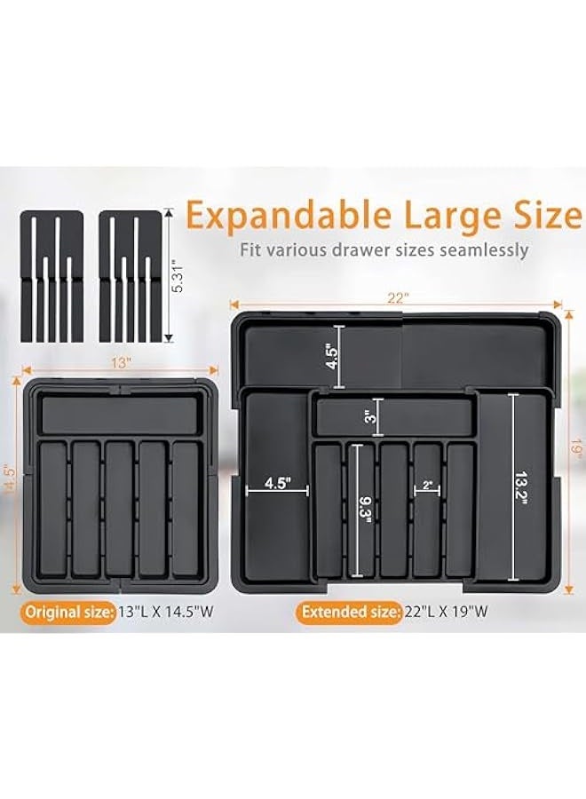 NIBEMINENT Silverware Organizer - Expandable Large Kitchen Drawer Organizer Utensil Organizer with 2 Removable Knife Blocks, 22"x 19"Cutlery Tray Drawer Dividers for Kitchen Flatware(6-9 Slots) (Black)  - Image 2