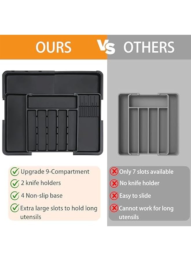 NIBEMINENT Silverware Organizer - Expandable Large Kitchen Drawer Organizer Utensil Organizer with 2 Removable Knife Blocks, 22"x 19"Cutlery Tray Drawer Dividers for Kitchen Flatware(6-9 Slots) (Black)  - Image 3