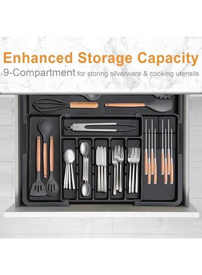 NIBEMINENT Silverware Organizer - Expandable Large Kitchen Drawer Organizer Utensil Organizer with 2 Removable Knife Blocks, 22"x 19"Cutlery Tray Drawer Dividers for Kitchen Flatware(6-9 Slots) (Black)  - Image 5