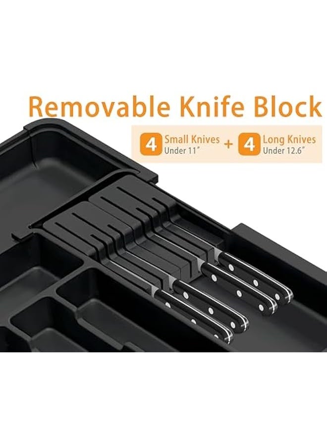 NIBEMINENT Silverware Organizer - Expandable Large Kitchen Drawer Organizer Utensil Organizer with 2 Removable Knife Blocks, 22"x 19"Cutlery Tray Drawer Dividers for Kitchen Flatware(6-9 Slots) (Black)  - Image 4