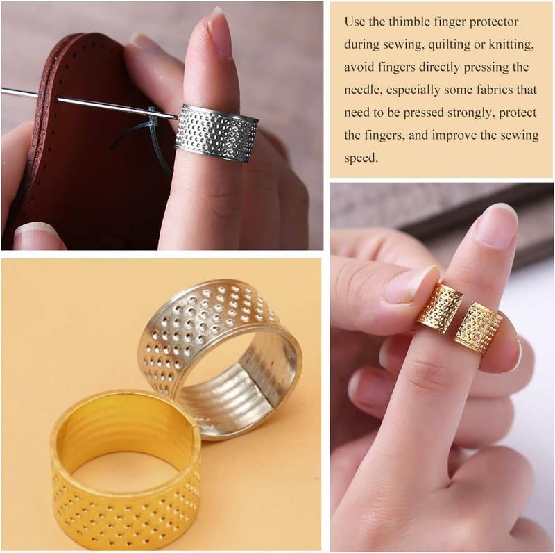 ZMAAGG 8 Pcs Thimble + 30 Pcs Sewing Needles, Finger Protector Fingertip Adjustable Metal Bronze Rings and Leather Coin Thimble for Needlework, Hand Embroidery Craft - Image 4