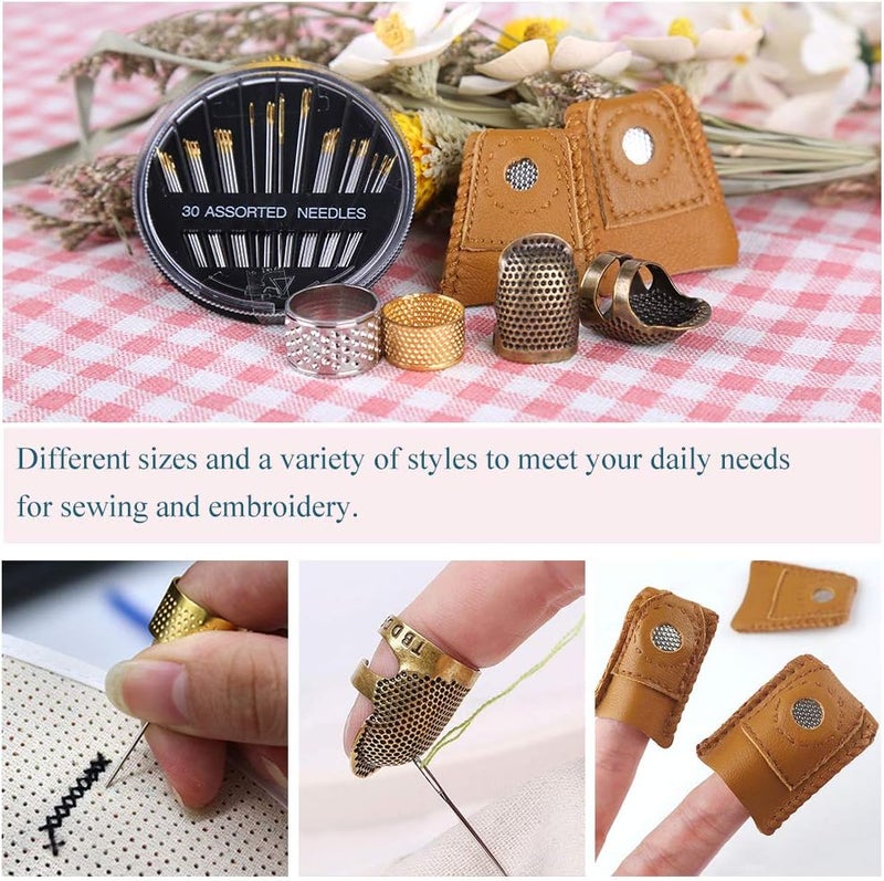 ZMAAGG 8 Pcs Thimble + 30 Pcs Sewing Needles, Finger Protector Fingertip Adjustable Metal Bronze Rings and Leather Coin Thimble for Needlework, Hand Embroidery Craft - Image 5