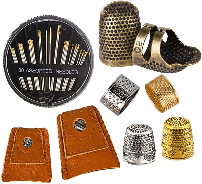 ZMAAGG 8 Pcs Thimble + 30 Pcs Sewing Needles, Finger Protector Fingertip Adjustable Metal Bronze Rings and Leather Coin Thimble for Needlework, Hand Embroidery Craft - Image 1