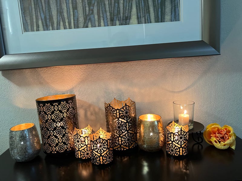 هوسلي Hosley 7 بوصة عالية البرونزية بقيادة نذرية حامل اللاعب الفوانيس التصميم الأزهار المعقد للأناقة الخالدة والإضاءة المريحة في المنزل الأنيق D cor elect - Image 4