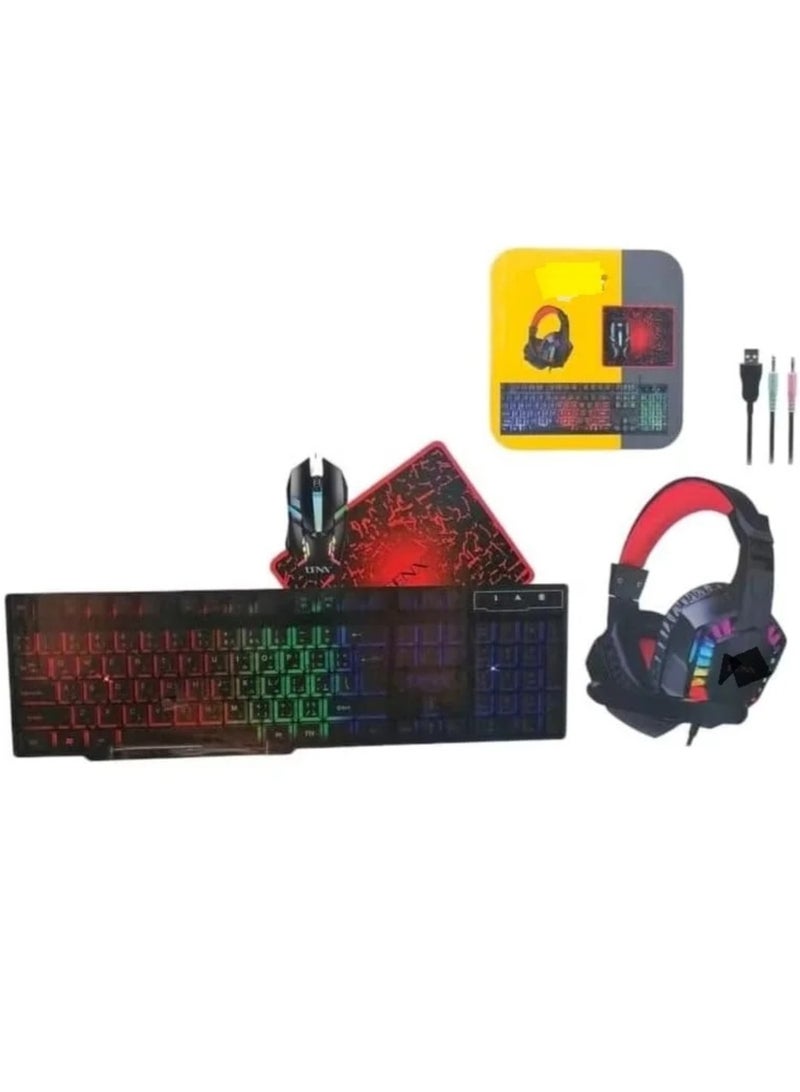 Gaming keyboard, mouse, and headset combo with a USB wired keyboard, RGB backlighting, and over-ear headphones compatible with PC, Xbox, and PS5. Complete gaming accessory kit.