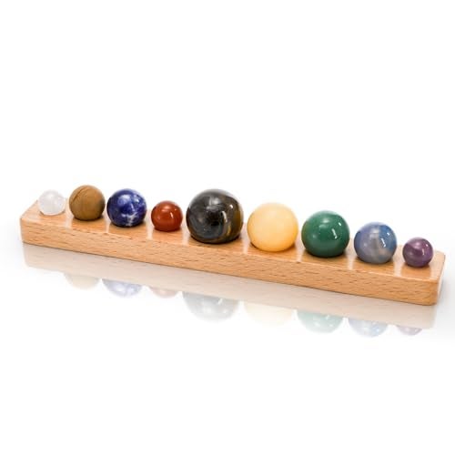 ZENFUN Nine Planets in Solar System with Wooden Stand Natural Gemstones Sphere Solar System Model Kit Planet Marbles Space Themed Bedroom Decor Best Birthday Science Astronomy Gifts - Image 1