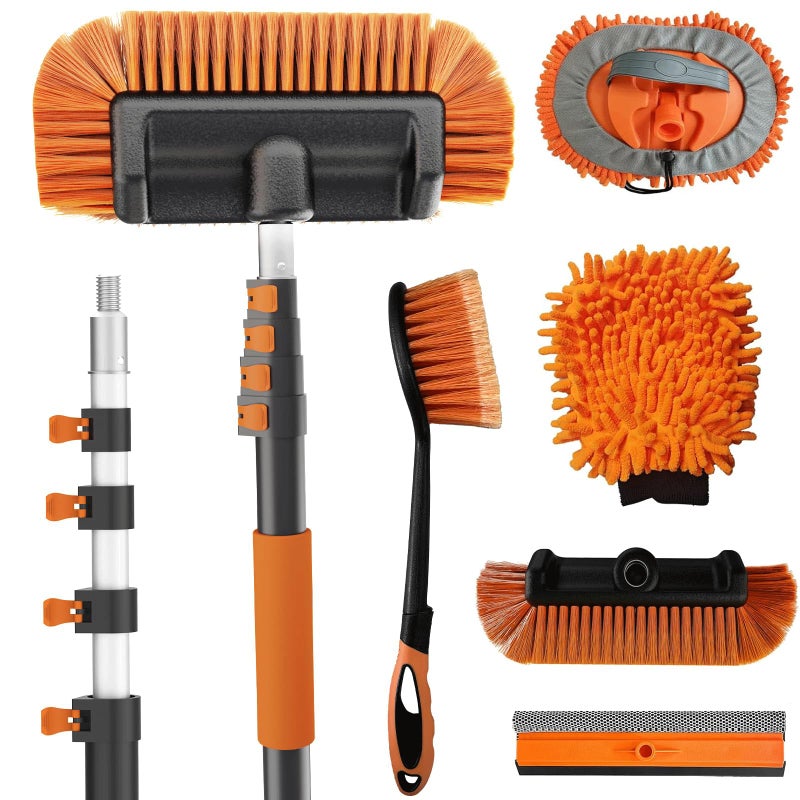 Buyplus 18FT Reach Car Wash Brush with Long Handle - Car Cleaning Kit with 3-12FT Extension Pole, Wheel Brush, Microfiber Cleaning Mop, Mitt, Window Squeegee for RV Truck SUV Boat Solar Pane Washing - Image 1