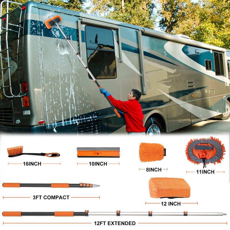 Buyplus 18FT Reach Car Wash Brush with Long Handle - Car Cleaning Kit with 3-12FT Extension Pole, Wheel Brush, Microfiber Cleaning Mop, Mitt, Window Squeegee for RV Truck SUV Boat Solar Pane Washing - Image 2