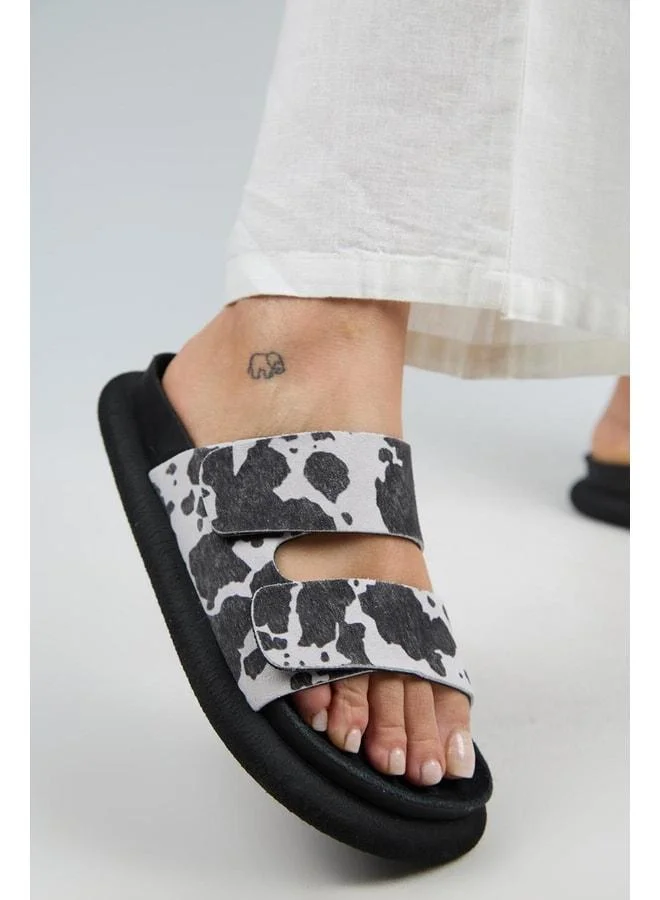 Nagual Lillo Women's Real Leather Double strap Black Polka Dot Slippers.