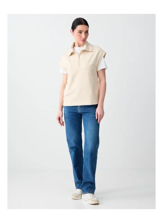 Jimmy Key Beige Mélange Comfortable Fit Straight Collar Low-Shoulder Knit Sweatshirt