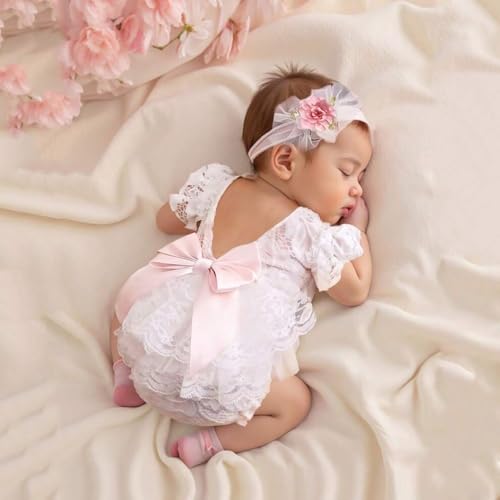 Befygier Newborn Girl Photography Outfits Backless Lace Romper with Flower Headband Photo Props Baby Girl Photoshoot Outfits for 03 Months - Image 3