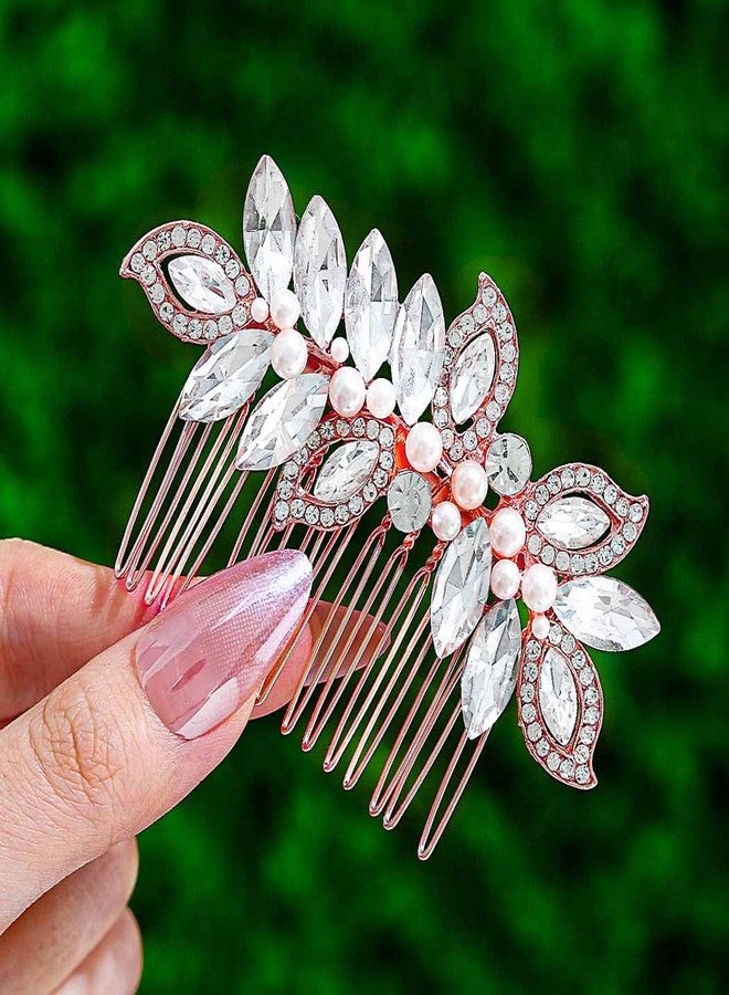 فويت مشط شعر زفاف من الكريستال فويت، قطعة رأس للعروس مزينة باللؤلؤ، قطعة شعر جانبية مرصعة بأحجار الراين باللون الذهبي الوردي، إكسسوارات شعر جانبية للعروس للنساء - Image 1