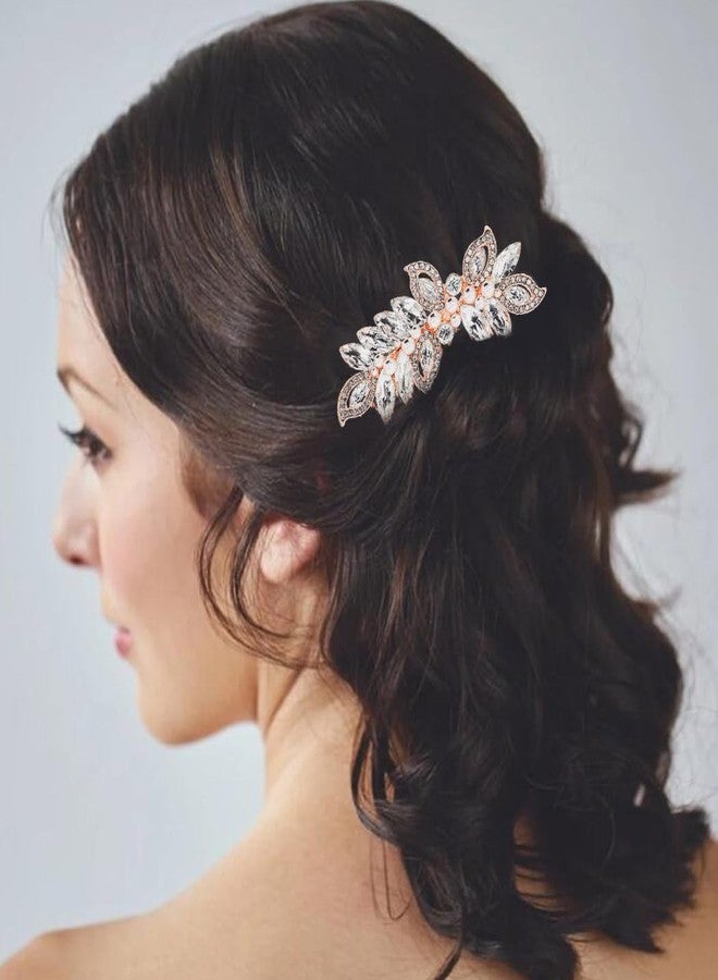 فويت مشط شعر زفاف من الكريستال فويت، قطعة رأس للعروس مزينة باللؤلؤ، قطعة شعر جانبية مرصعة بأحجار الراين باللون الذهبي الوردي، إكسسوارات شعر جانبية للعروس للنساء - Image 4