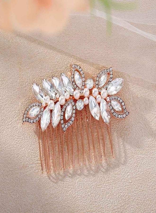 فويت مشط شعر زفاف من الكريستال فويت، قطعة رأس للعروس مزينة باللؤلؤ، قطعة شعر جانبية مرصعة بأحجار الراين باللون الذهبي الوردي، إكسسوارات شعر جانبية للعروس للنساء - Image 3