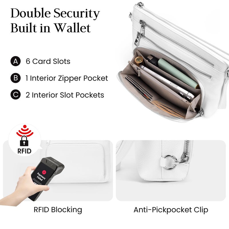 befen White Genuine Leather Crossbody Purses for Women, Ladies Anti-Theft Medium Crossbody Shoulder Bags with Built in RFID Blocking Wallet - Image 3