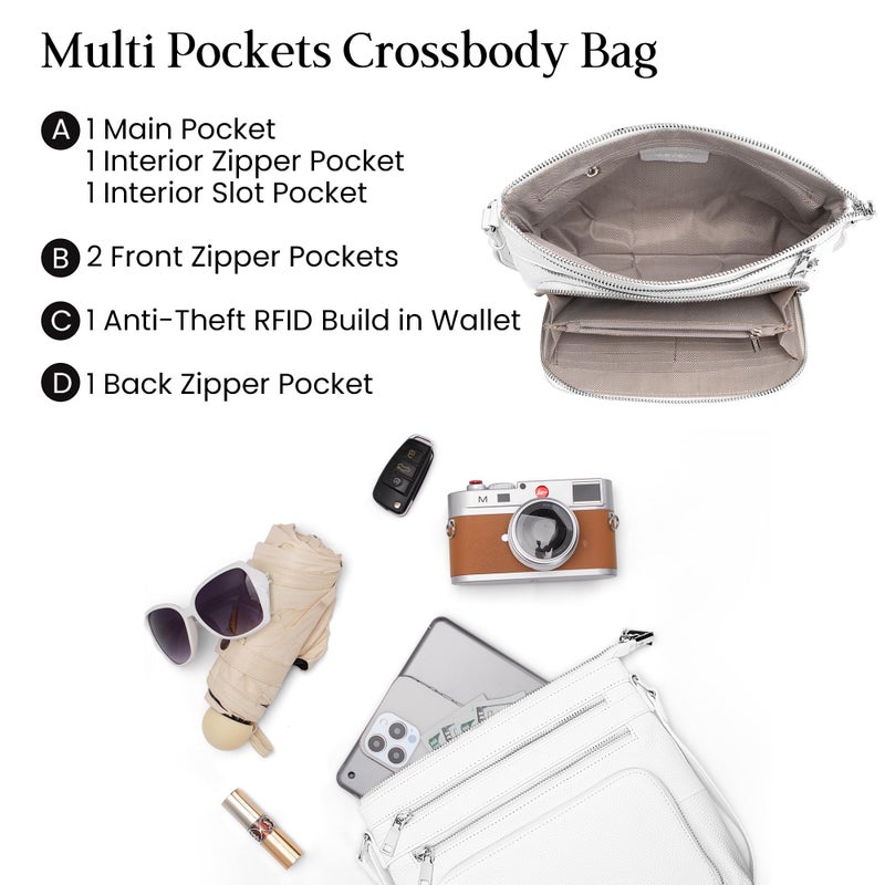 befen White Genuine Leather Crossbody Purses for Women, Ladies Anti-Theft Medium Crossbody Shoulder Bags with Built in RFID Blocking Wallet - Image 4