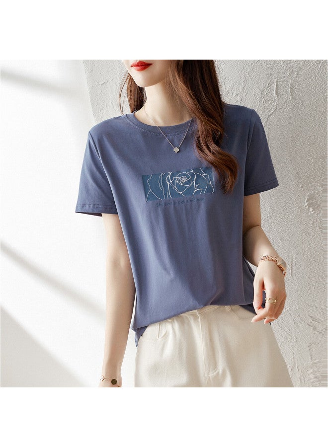 Dme Rose Print Summer Round Neck Short Sleeve Loose Fit Women's Cotton Ammonia Knitted T-shirt - Image 3
