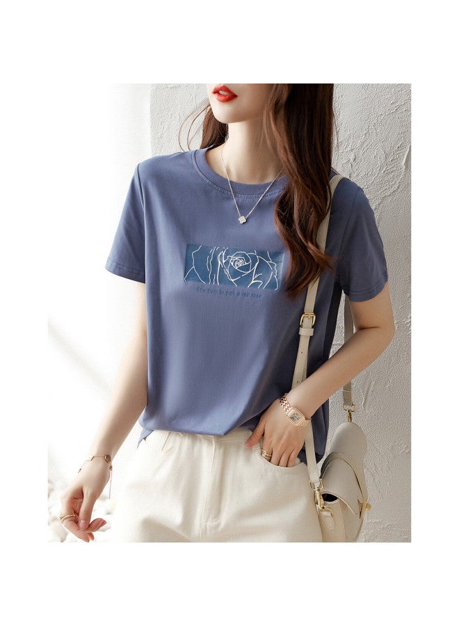 Dme Rose Print Summer Round Neck Short Sleeve Loose Fit Women's Cotton Ammonia Knitted T-shirt - Image 4