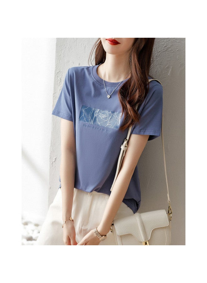Dme Rose Print Summer Round Neck Short Sleeve Loose Fit Women's Cotton Ammonia Knitted T-shirt - Image 5