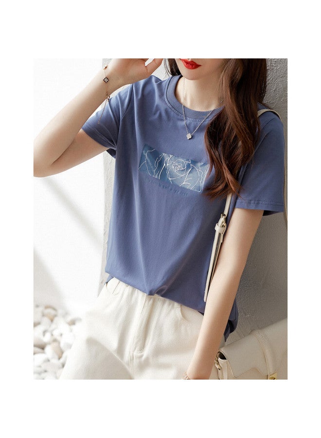 Dme Rose Print Summer Round Neck Short Sleeve Loose Fit Women's Cotton Ammonia Knitted T-shirt - Image 2