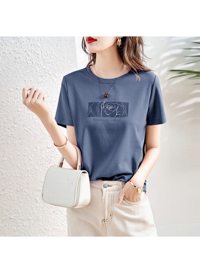 Dme Rose Print Summer Round Neck Short Sleeve Loose Fit Women's Cotton Ammonia Knitted T-shirt - Image 1
