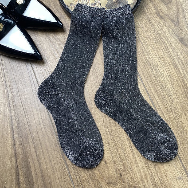 Spring Summer and Autumn Korean Dongdaemun Bright Silver Stylik Stylik Stockings Mid-Barrel Striped Stockings Stacked Stylik INS Fashionable Stockings Light Blue - Image 3