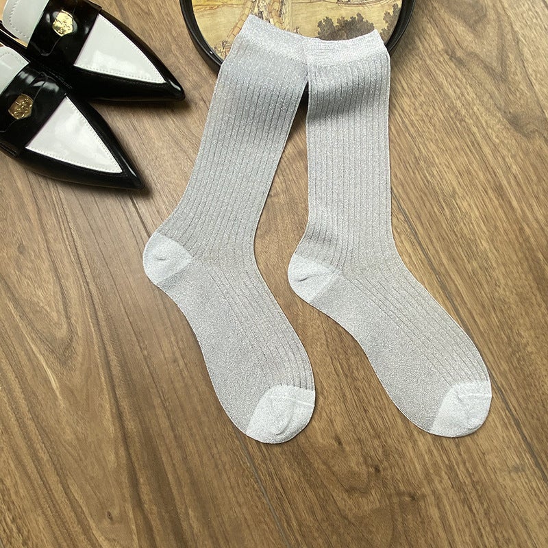 Spring Summer and Autumn Korean Dongdaemun Bright Silver Stylik Stylik Stockings Mid-Barrel Striped Stockings Stacked Stylik INS Fashionable Stockings Light Blue - Image 2