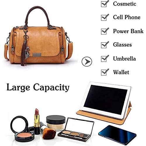 BABIES BLOOM Tan Sling Crossbody Top Handle Hand Held Satchel Box Boston Bolso Bag for Women, Shoulder Tassel Handbag,Gift for Women, Retro PU Leather Woman Bag for Ladies - Image 4