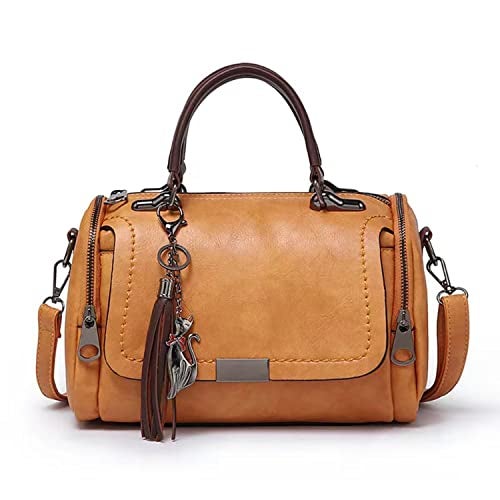 BABIES BLOOM Tan Sling Crossbody Top Handle Hand Held Satchel Box Boston Bolso Bag for Women, Shoulder Tassel Handbag,Gift for Women, Retro PU Leather Woman Bag for Ladies - Image 1